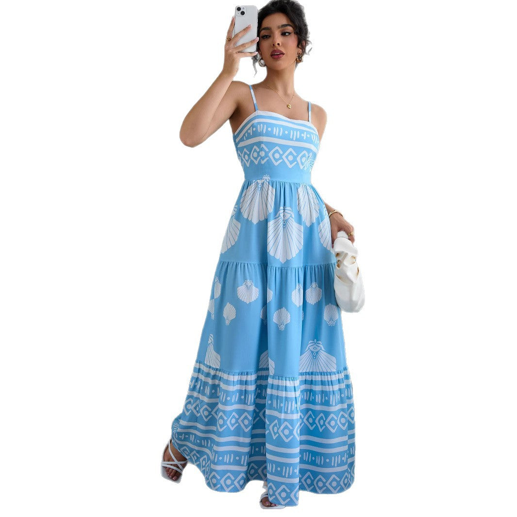 Robe Longue Ethnique Col Carré Sans Manches – Bleu Ciel