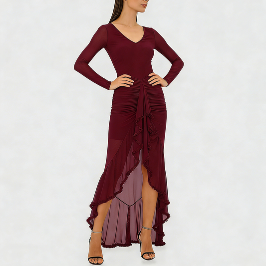 Robe longue femme col V à volants et jupe transparente