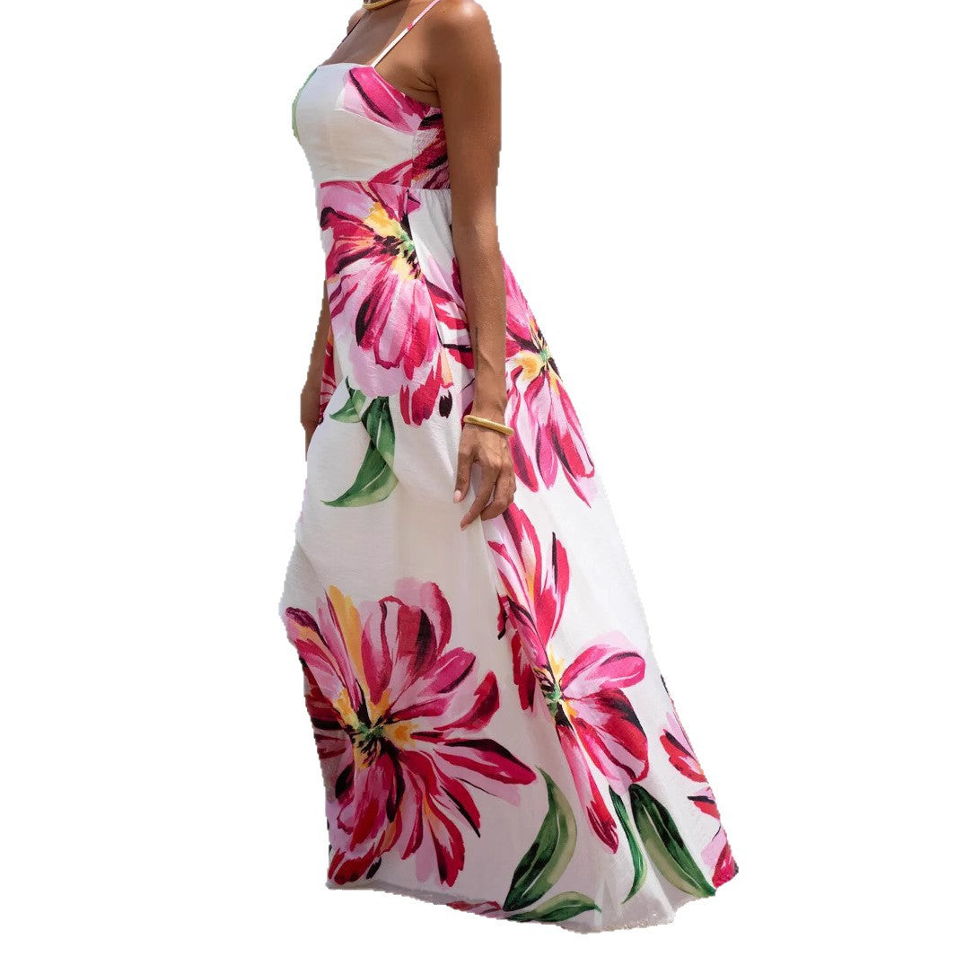 Robe Longue Florale Bohème À Bretelles avec Poches – Rose