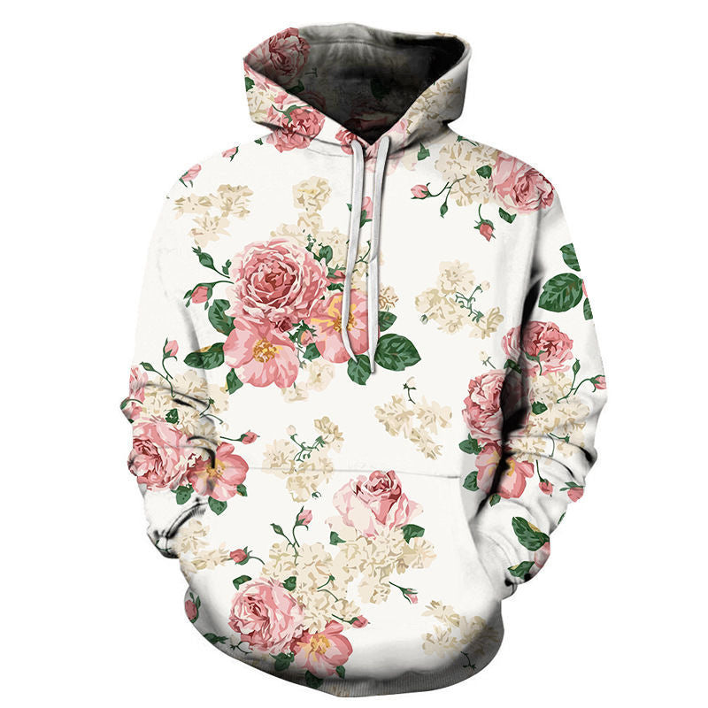 Sweat à Capuche Imprimé Roses – Style Européen & Américain, Coupe Oversize Unisexe