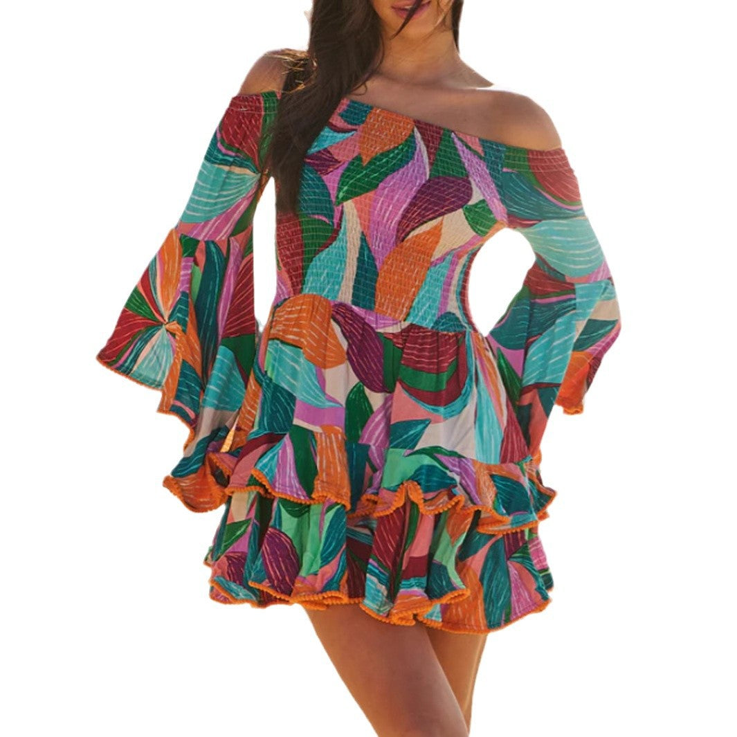 Mini Robe Épaule Dénudée Manches Évasées à Volants – Imprimé Orange