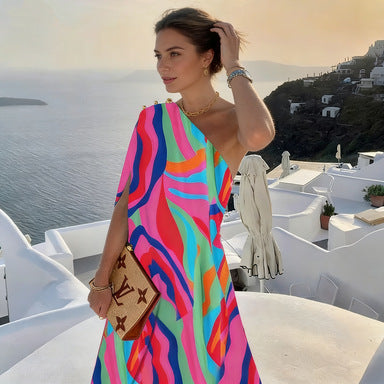 Robe Longue Imprimée Épaules Dénudées – Coupe Ample, Style Européen, Rose