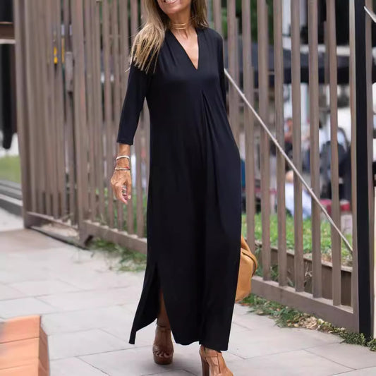 Robe Longue Fendue Col V – Manches Trois-Quarts