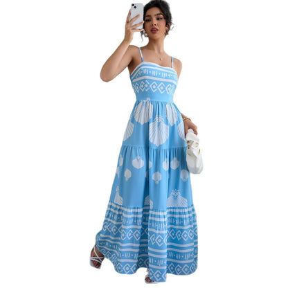 Robe Longue Ethnique Col Carré Sans Manches – Bleu Ciel