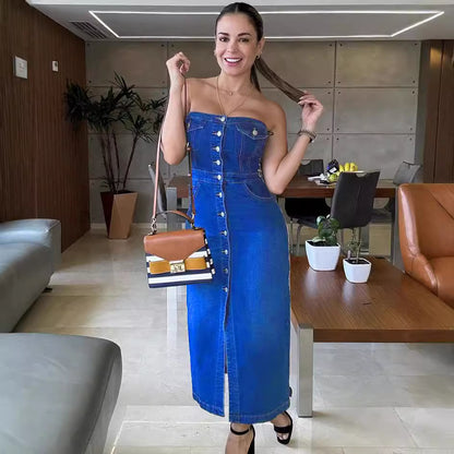 Robe en Jean Sans Bretelles – Effet 3D, Bouton Unique, Fente, Bleu Royal