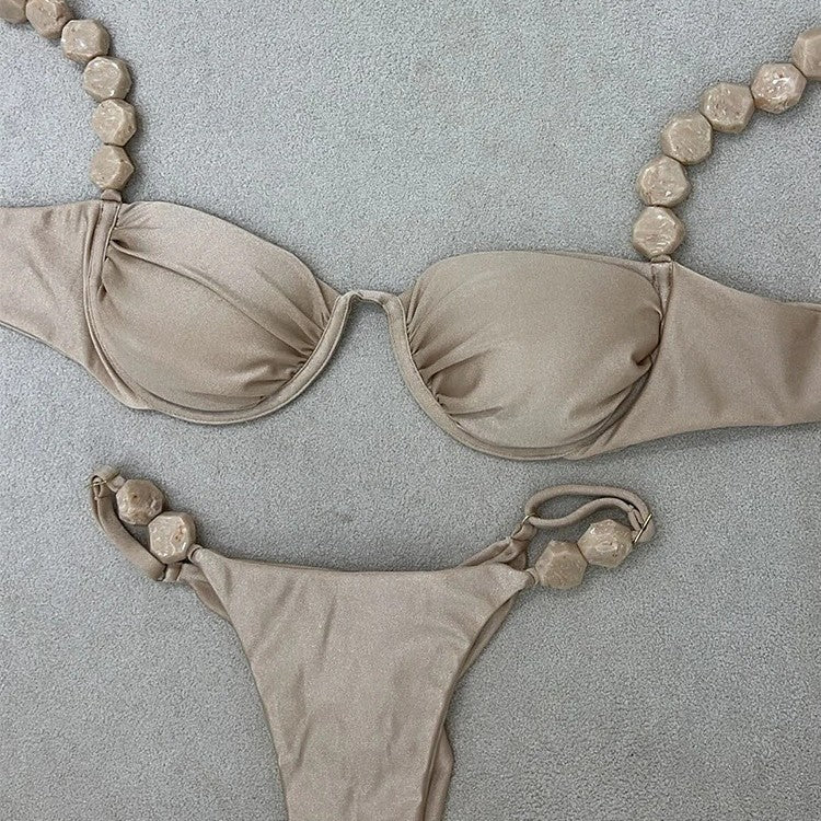 Sexy Bikini Set Women's Push-Up Summer Tied Low-Waist Solid Color