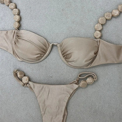 Bikini Deux Pièces Push-Up Femme - Taille Basse Noué Couleur Unie