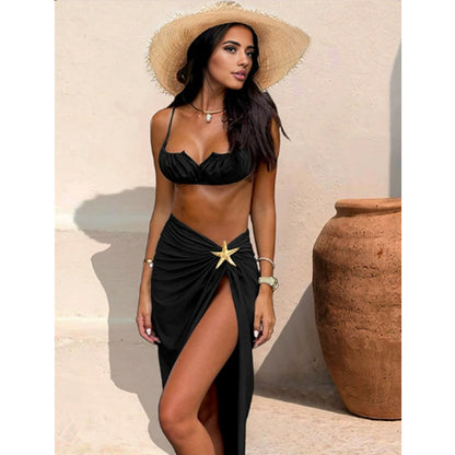 Ensemble Bikini 3 Pièces avec Jupe Fendue – Maillot de Bain Femme Motif Étoile de Mer