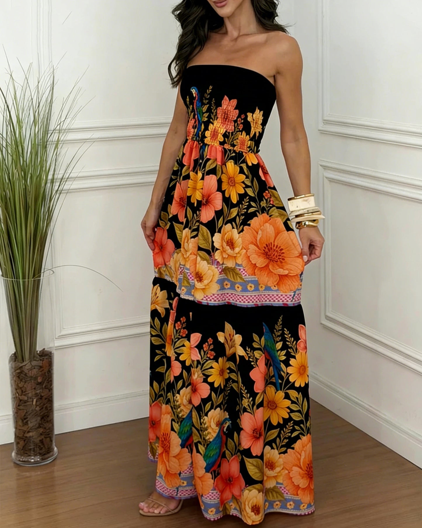 Robe Mi-Longue Sans Manches – Imprimé Floral, Coupe Ample, Style Européen