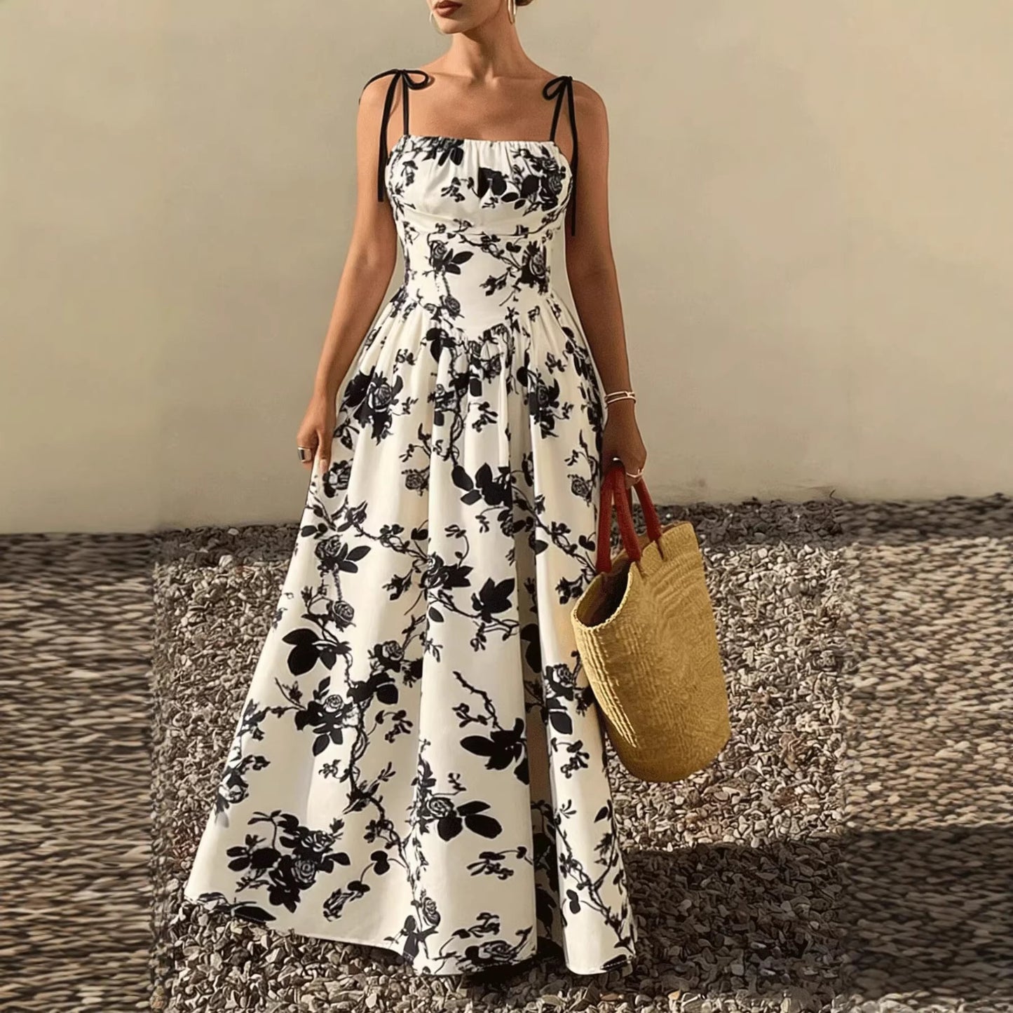 Robe Longue Sans Bretelles – Taille Cintrée, Coupe Trapèze, Style Élégant