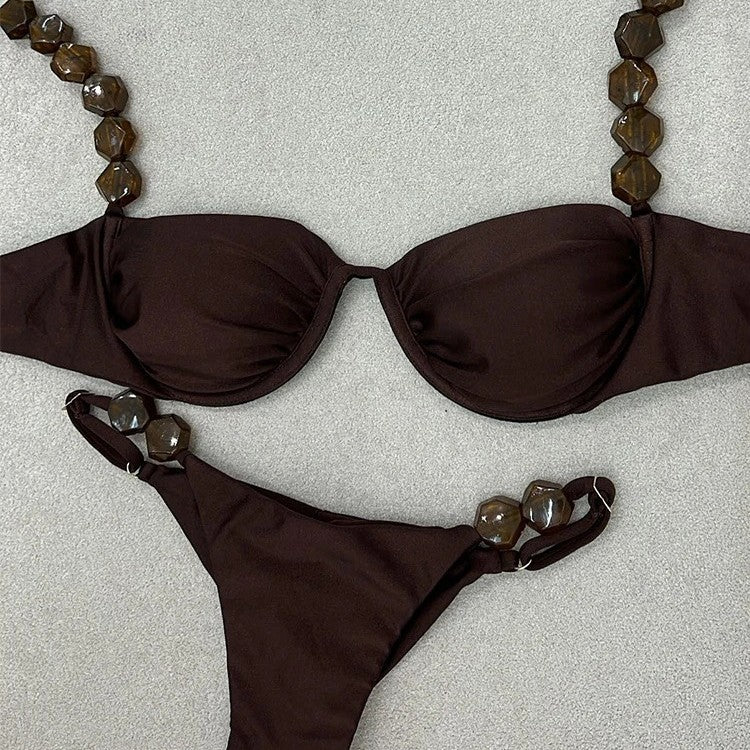 Sexy Bikini Set Women's Push-Up Summer Tied Low-Waist Solid Color