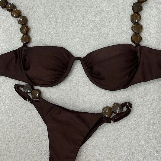 Sexy Bikini Set Women's Push-Up Summer Tied Low-Waist Solid Color
