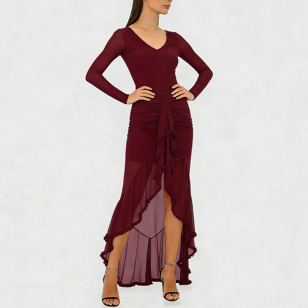 Robe longue femme col V à volants et jupe transparente