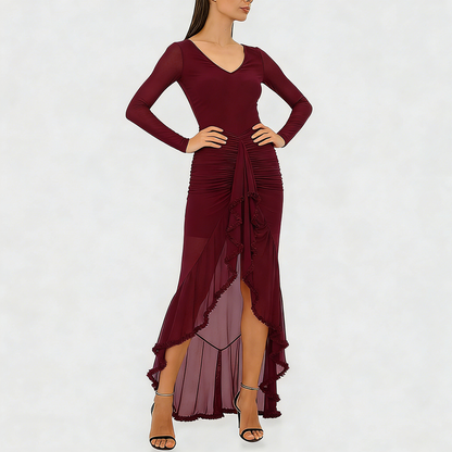 Robe longue femme col V à volants et jupe transparente