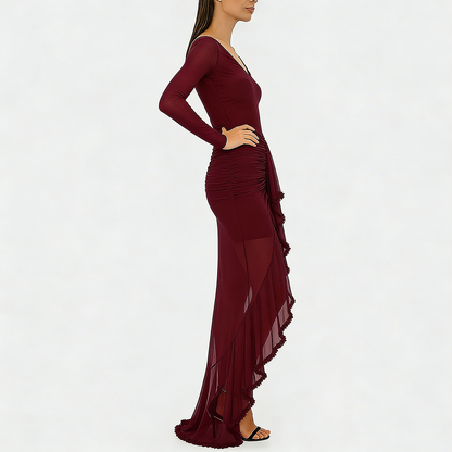 Robe longue femme col V à volants et jupe transparente