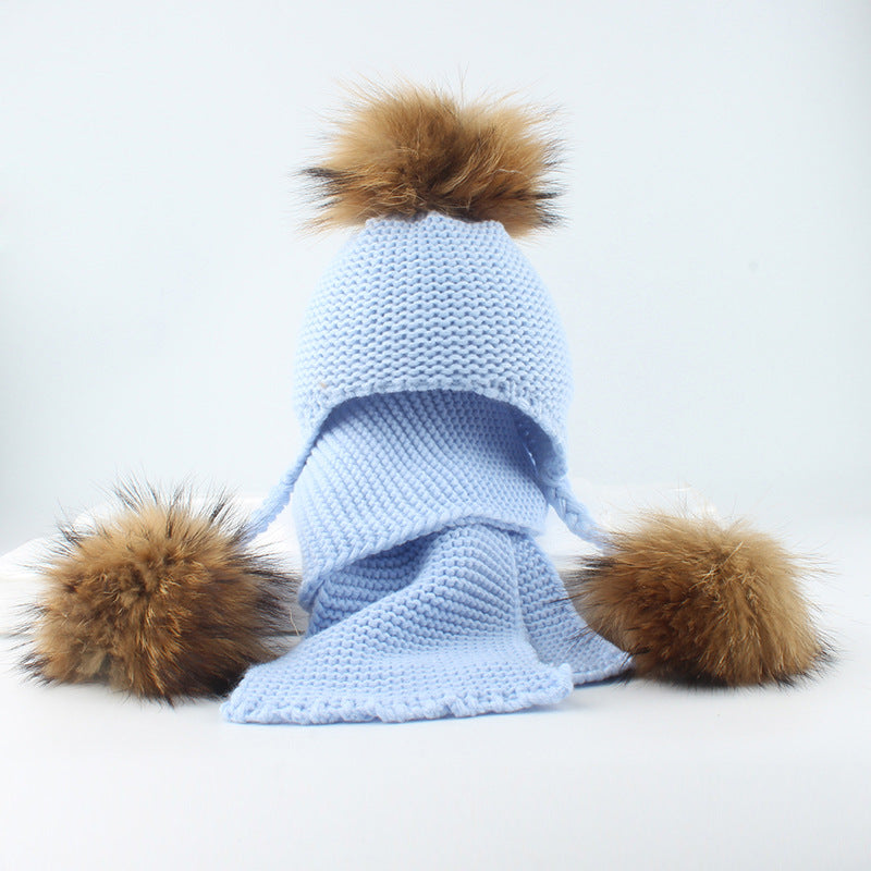 Children's real raccoon dog hair ball ear protection hat scarf hand Fried Dough Twists braid