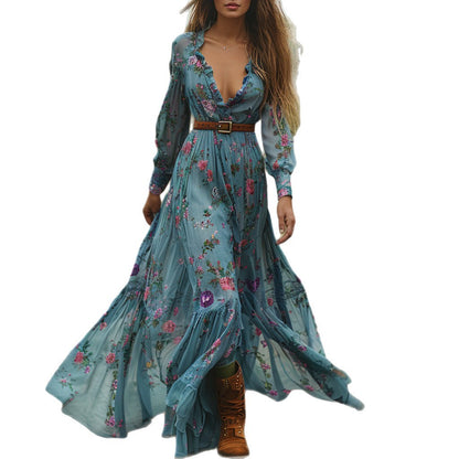 Robe Longue Florale Col V Manches Longues – Style Vintage Champêtre