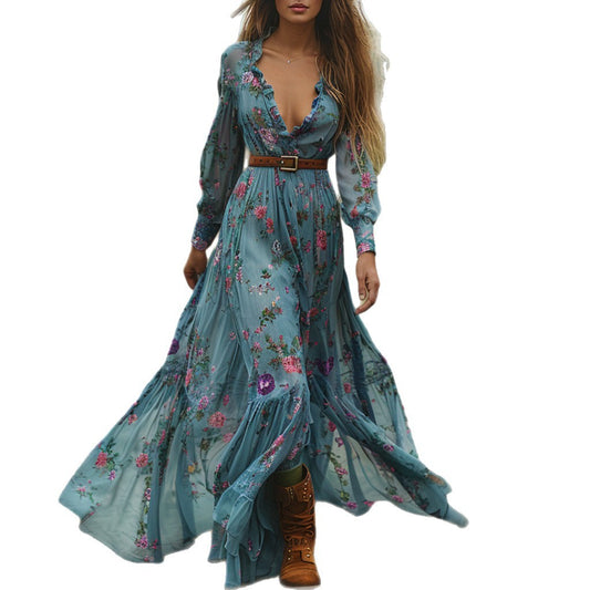 Robe Longue Florale Col V Manches Longues – Style Vintage Champêtre