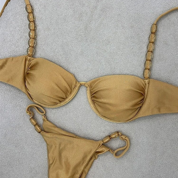 Sexy Bikini Set Women's Push-Up Summer Tied Low-Waist Solid Color