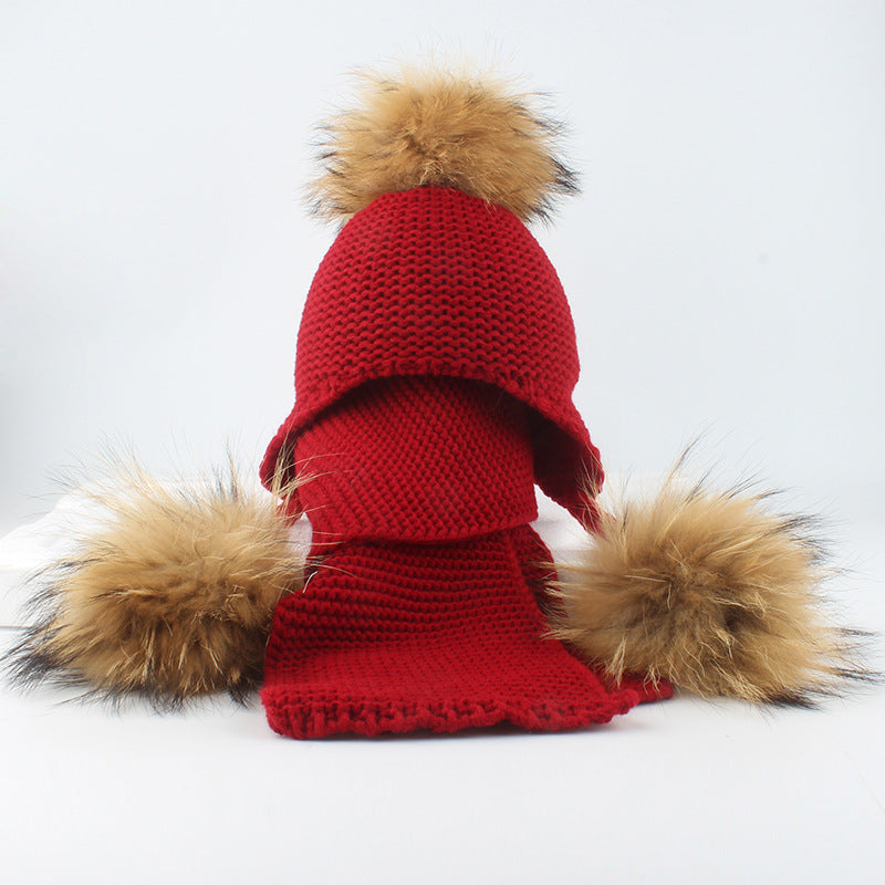 Children's real raccoon dog hair ball ear protection hat scarf hand Fried Dough Twists braid