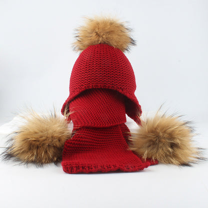 Children's real raccoon dog hair ball ear protection hat scarf hand Fried Dough Twists braid