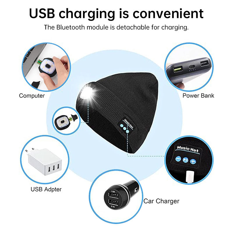 Bonnet Chauffant LED Bluetooth 5.4 – Rechargeable USB, 3 Niveaux de Luminosité