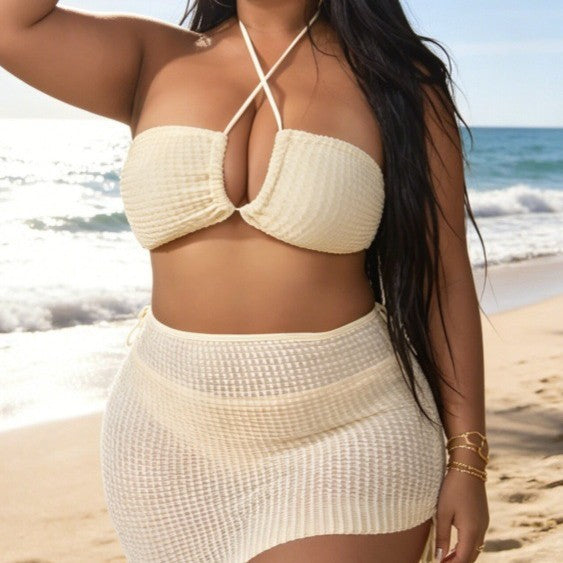 Ensemble 3 pièces bikini sexy col croisé avec jupe de plage