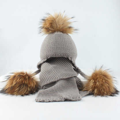 Children's real raccoon dog hair ball ear protection hat scarf hand Fried Dough Twists braid