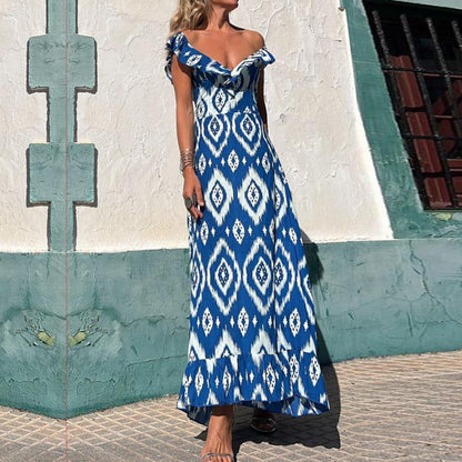 Robe Longue Col V Manches Courtes À Volants – Jupe Évasée Bleue