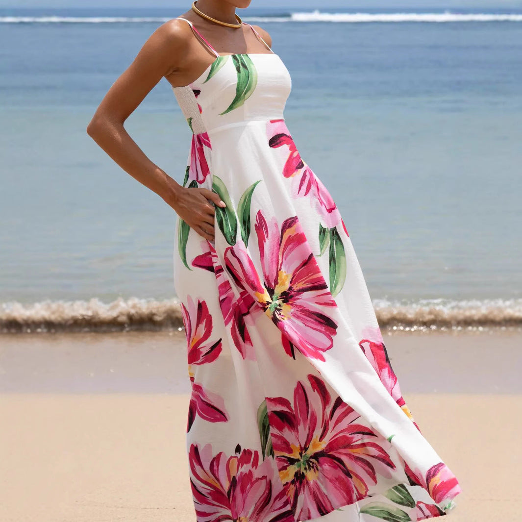 Robe Longue Florale Bohème À Bretelles avec Poches – Rose