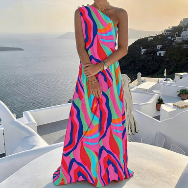 Robe Longue Imprimée Épaules Dénudées – Coupe Ample, Style Européen, Rose