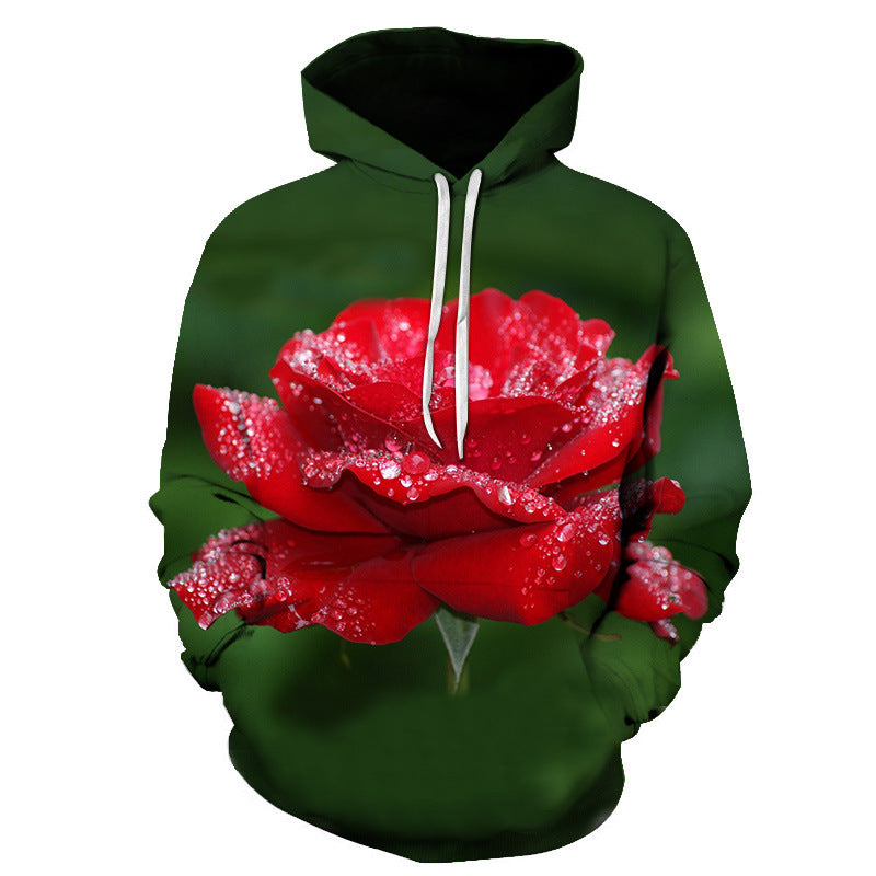 Sweat à Capuche Imprimé Roses – Style Européen & Américain, Coupe Oversize Unisexe