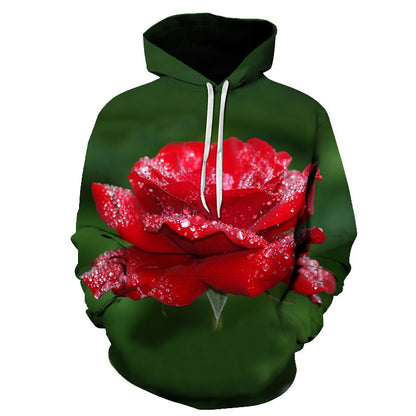 Sweat à Capuche Imprimé Roses – Style Européen & Américain, Coupe Oversize Unisexe