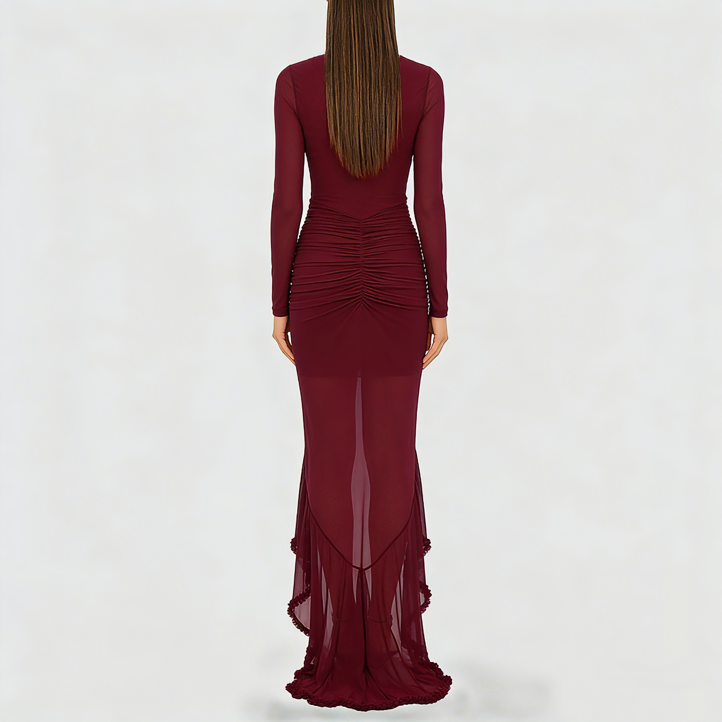 Robe longue femme col V à volants et jupe transparente