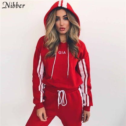 Ensemble Sportswear Femme 2 Pièces – Sweat à Capuche & Pantalon de Jogging, Rouge/Blanc