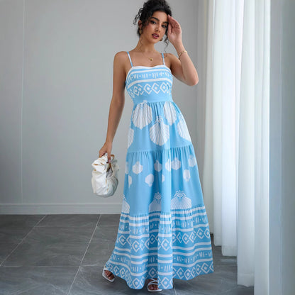 Robe Longue Ethnique Col Carré Sans Manches – Bleu Ciel