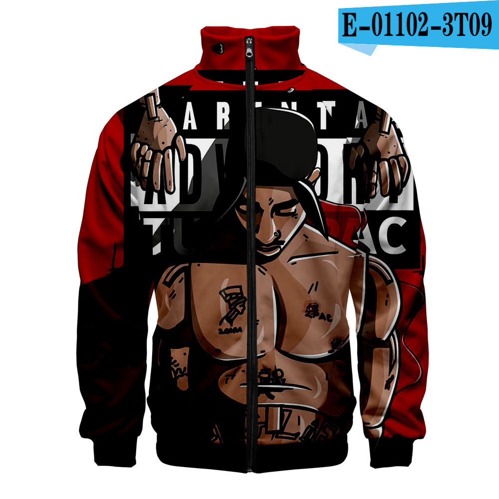 Sweat-shirt 2PAC Imprimé 3D – Col Montant Zippé à Capuche Style Hip-Hop