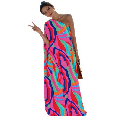 Robe Longue Imprimée Épaules Dénudées – Coupe Ample, Style Européen, Rose