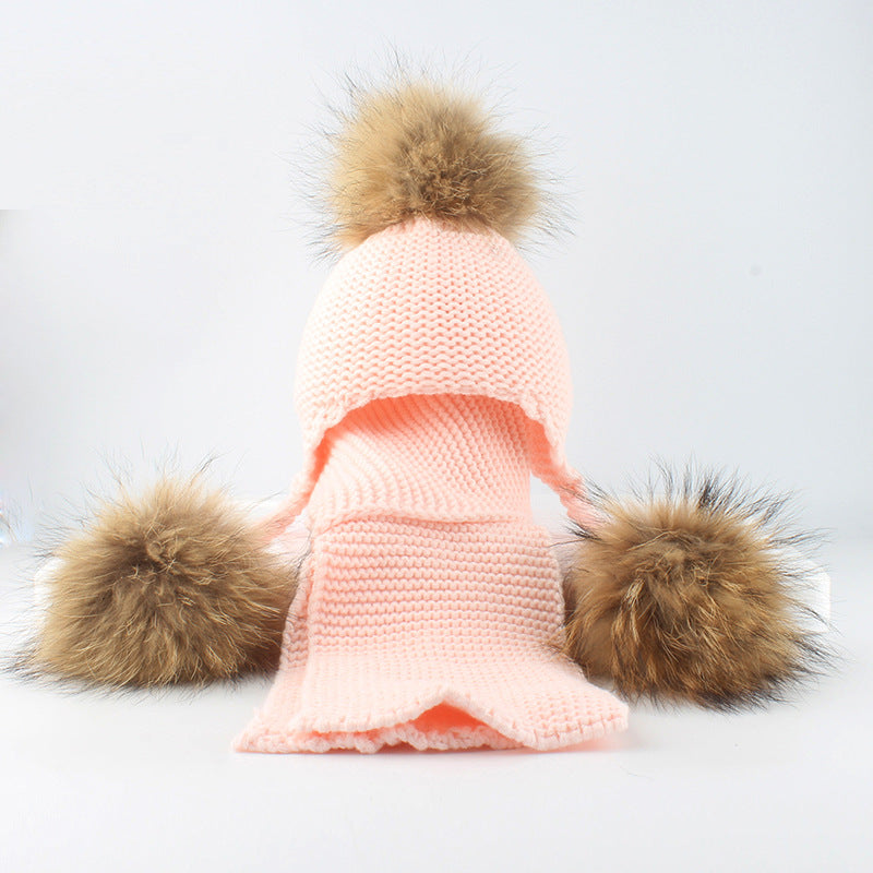 Children's real raccoon dog hair ball ear protection hat scarf hand Fried Dough Twists braid