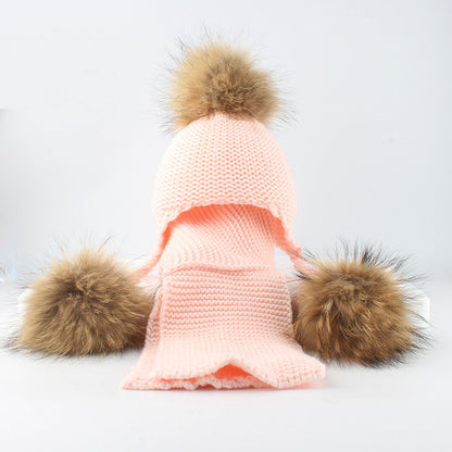 Children's real raccoon dog hair ball ear protection hat scarf hand Fried Dough Twists braid