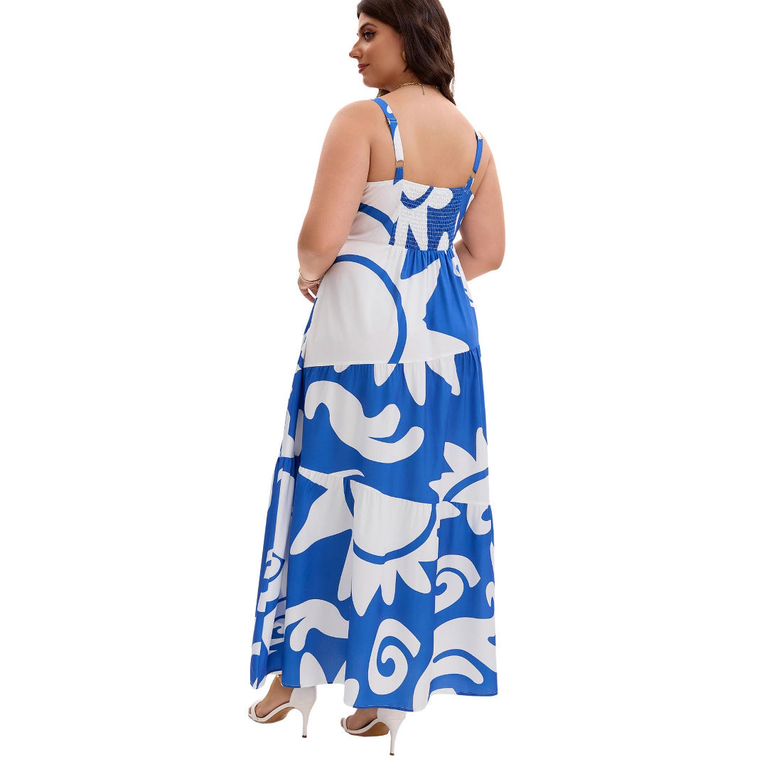 Robe Longue Grande Taille À Bretelles Imprimé Géométrique – Bleue