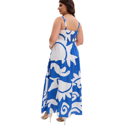 Robe Longue Grande Taille À Bretelles Imprimé Géométrique – Bleue
