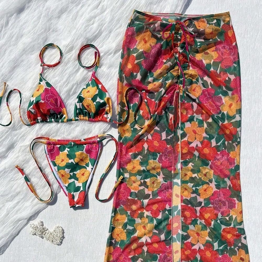 Maillot de Bain Femme 3 Pièces Séparable – Imprimé Rétro Style Bord de Mer