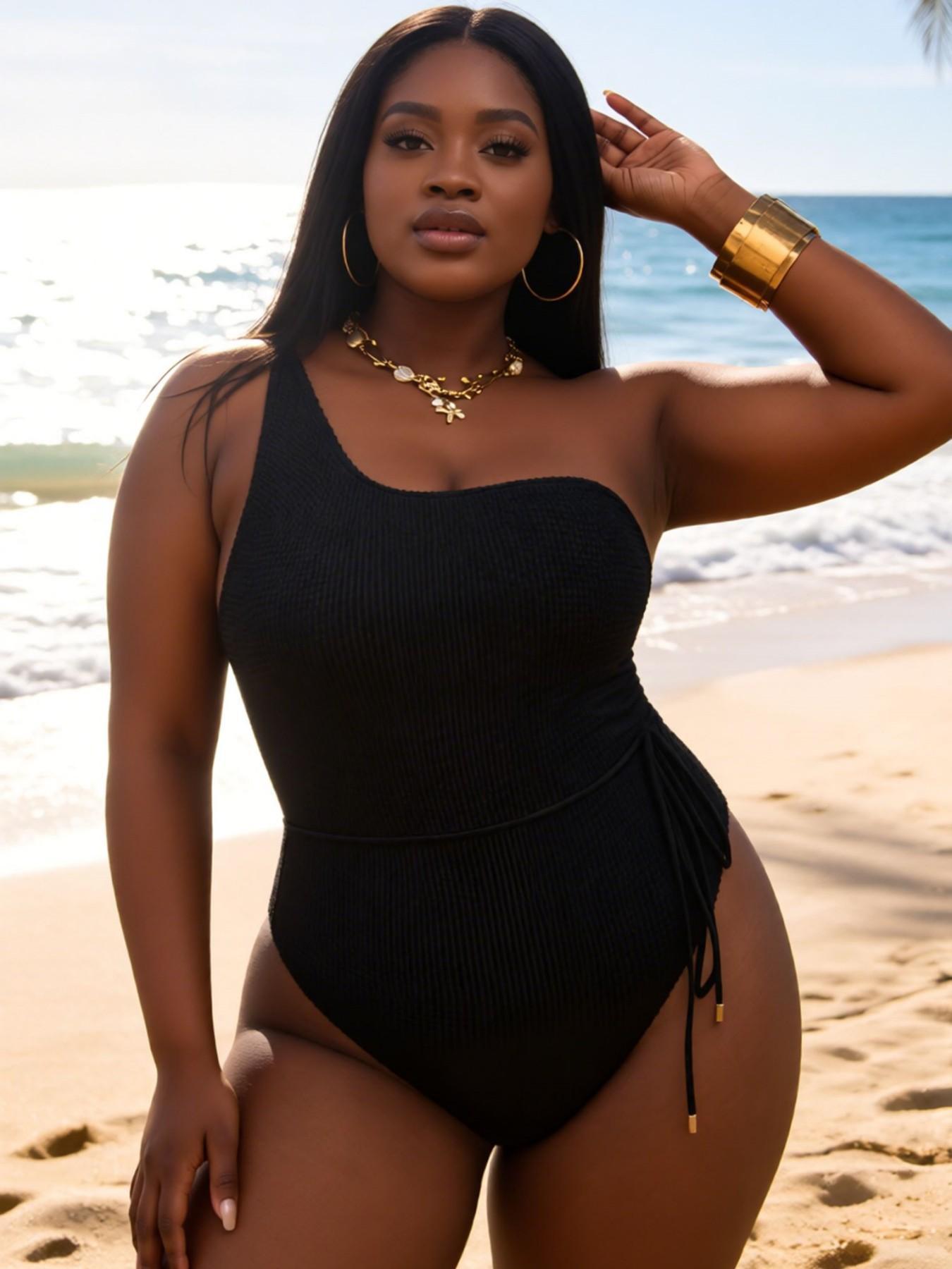 Maillot de bain une pièce monobretelle uni avec lien à la taille – Coupe slim