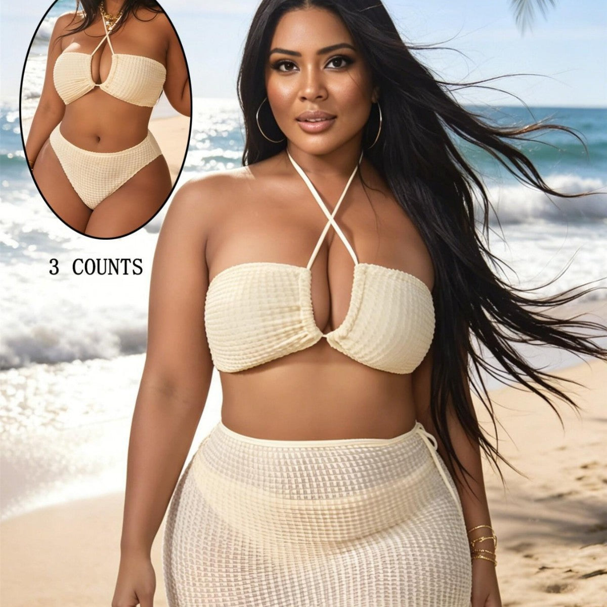 Ensemble 3 pièces bikini sexy col croisé avec jupe de plage