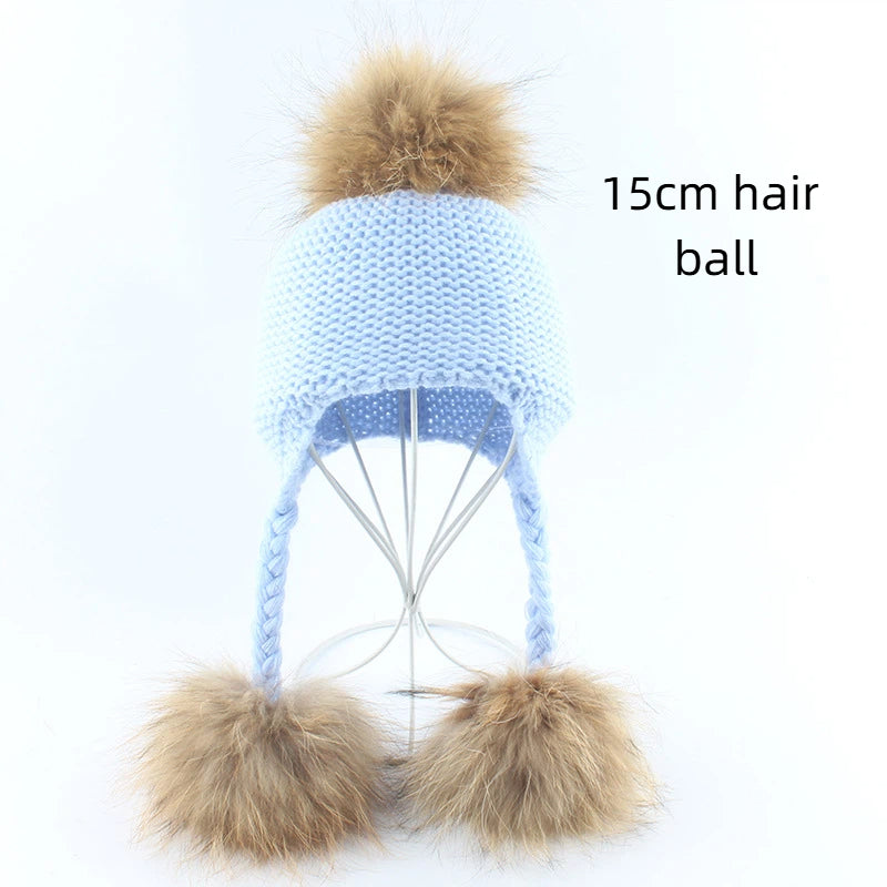 Children's real raccoon dog hair ball ear protection hat scarf hand Fried Dough Twists braid