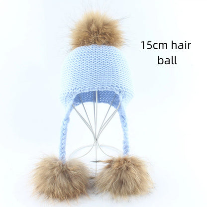 Children's real raccoon dog hair ball ear protection hat scarf hand Fried Dough Twists braid