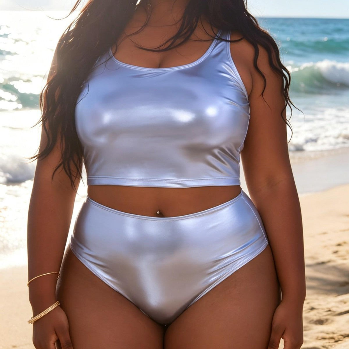 Ensemble bikini style débardeur color block à imprimé métallisé et fente dos