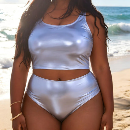 Ensemble bikini style débardeur color block à imprimé métallisé et fente dos