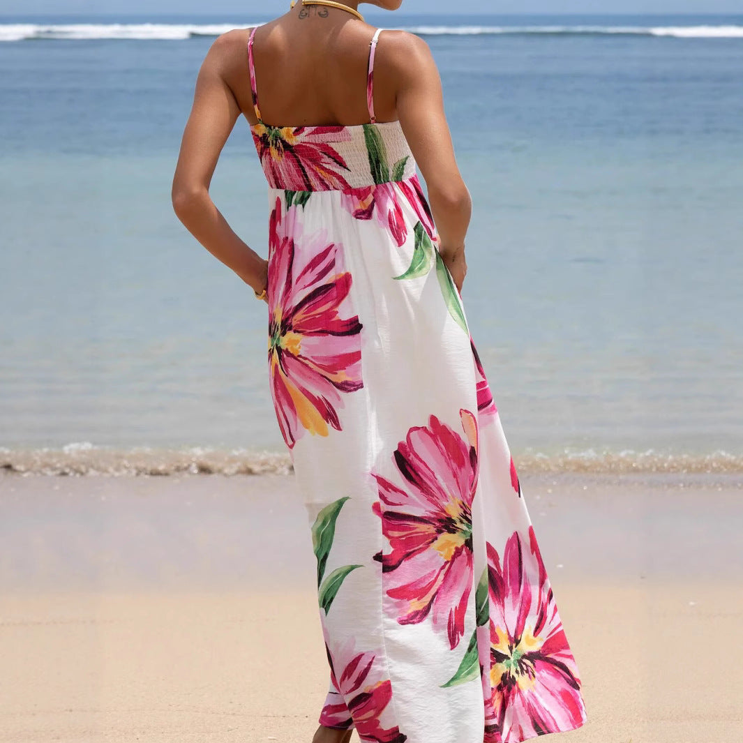 Robe Longue Florale Bohème À Bretelles avec Poches – Rose